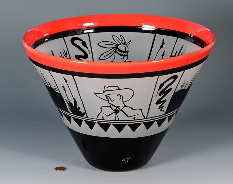 Michael Joplin Art Glass Bowl: Michael Joplin (Texas, b. 1953) Western-themed contemporary art glass bowl with red cased glass rim over an acid etched and cut to black frieze, having Cowboy and Indian, snake and cactus design; tape