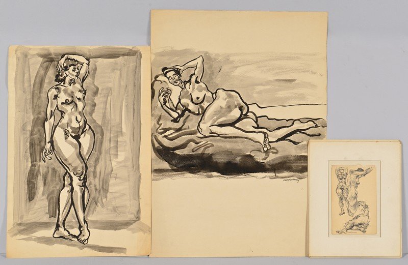 3 TN Joseph Delaney Nude Drawings: Three (3) Joseph Delaney (Tennessee/New York, 1904-1991) unframed works on paper including a 4" x 6" pen drawing study of three nude females, signed 'Jos Delaney' and two (2) ink and watercolor drawin