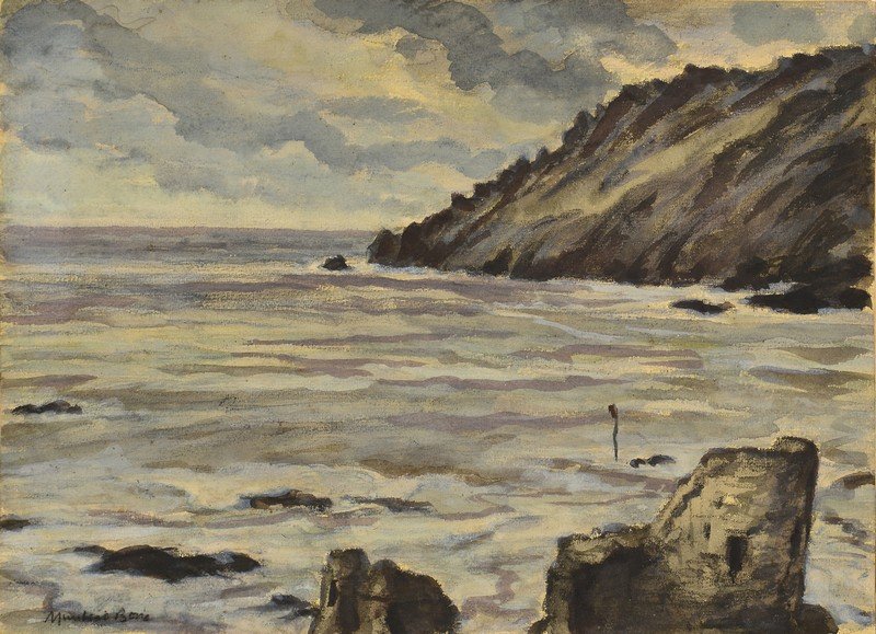 Muirhead Bone Seascape Watercolor: Sir David Muirhead Bone, HRSA, NEAC (United Kingdom, 1876 - 1953) seascape watercolor on paper depicting a rocky sea shore. Signed lower left "Muirhead Bone". Float mounted and housed in a simple gilt