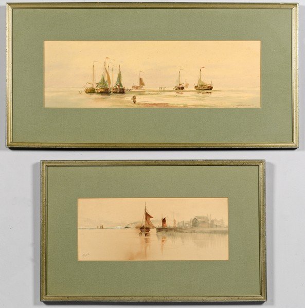 2 Watercolor Seascapes inc. Gruppe: 1st item: American School watercolor and gouache marinescape, signed Gruppe lower left, possibly Charles P. Gruppe. Sight: 5 3/4" H x 13 5/8" W, Frame: 12 3/4" H x 20 1/4" W. Late 19th century. 2nd it