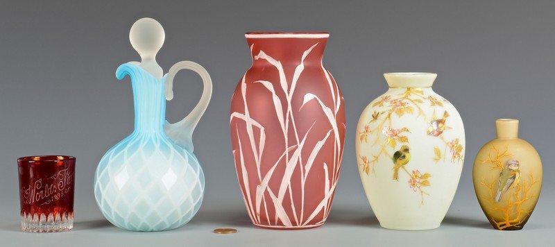 4 pcs English Art Glass & 1 Worlds Fair: 1st item: Thomas Webb and Sons art glass vase, unmarked, ovoid body with matte pink ground, white overlay carved grass. 6 1/2" H. English, circa 1900. 2nd item: English Bristol frosted glass vase with