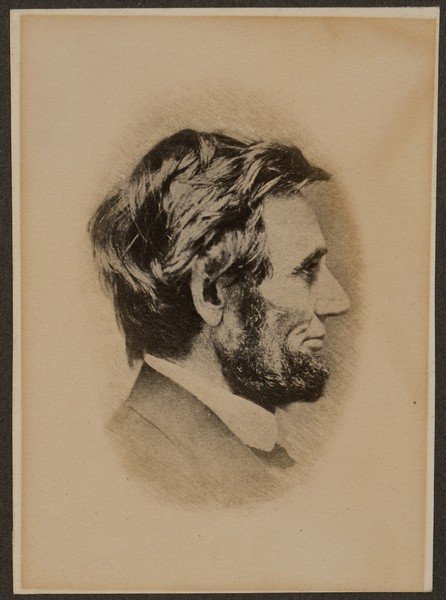 Photographic Print of Lincoln, C.S. German: Photographic carbon print of President Abraham Lincoln (1809 - 1865) taken from a retouched negative, similar to a rare photograph taken by Christopher Smith German in Springfield, IL, on Saturday, Fe