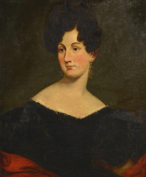 American School, Portrait of a Lady: American school painting, style of Thomas Sully, portrait of a lady with brown hair and brown eyes, wearing a black gown and red drape and dangling gold earrings. Original giltwood frame with ovolo an