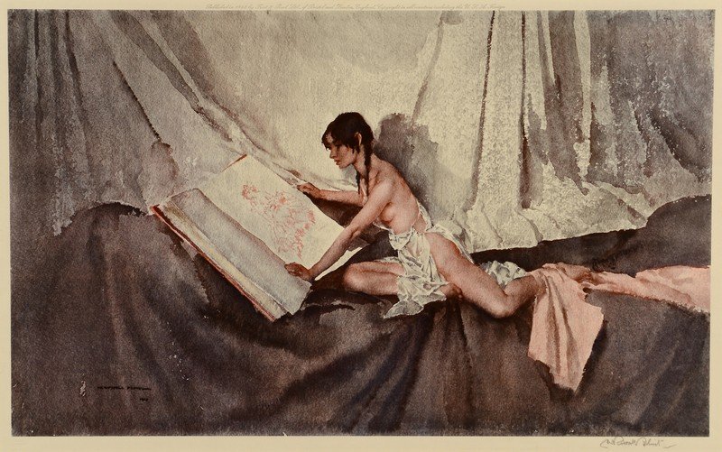 Sir Wm. Russell Flint Lithograph: Sir William Russell Flint (United Kingdom/Scotland, 1880 - 1969) lithograph titled "Janelle and the Volume of Treasure" depicting a reclining nude female perusing a large book. Published 1963 by Frost