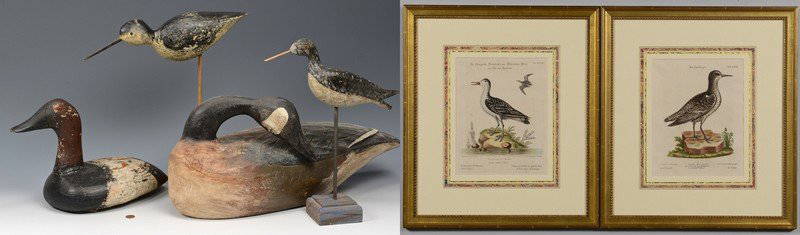 Group of Bird decoys and 19th c. prints: 1st item: Hank Walker signed Canadian preening goose decoy, signed "Hank Walker, Salisbury, Mass.", 1980-1982, 21 1/2" L, c. 1980-1982,. 2nd item: Canvas Back decoy, 14" L, early 20th century. 3rd ite