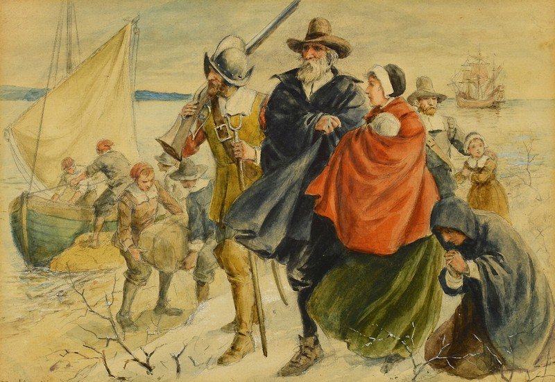 Frank T. Merrill Watercolor on Paper: Frank Thayer Merrill (Massachusetts, 1848 - 1923) watercolor on paper titled "Landing of the Pilgrims", penciled signed lower left "F. T. Merrill". Housed in a carved gilt wooden frame. Sight - 7" H x