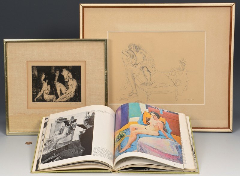 2 Warren Brandt Works and book: Warren Brandt (American/North Carolina, 1918-2002), drawing, etching and book. 1st item: Pencil drawing of a partially nude young woman, reclining on a chaise. Signed lower right. 11-1/2" x 9" sight,
