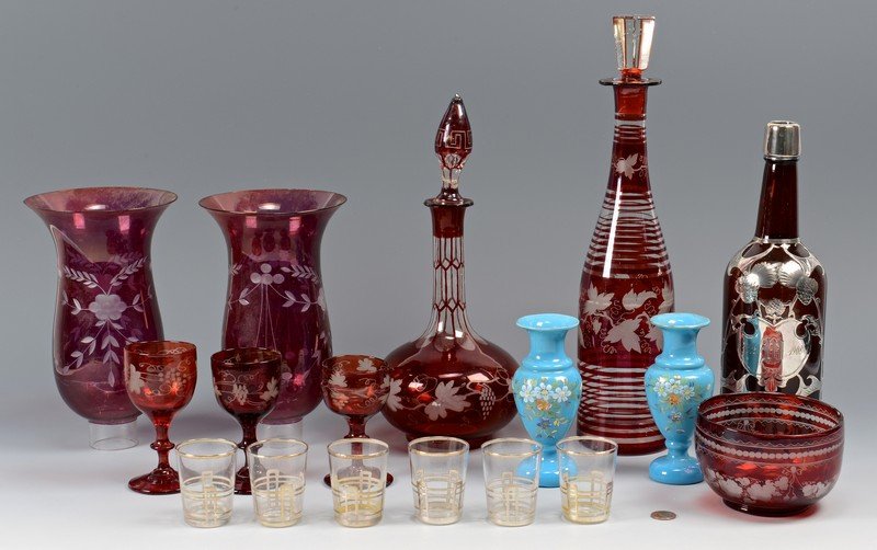 17 pcs assorted glass: Ruby, Amber, Bristol Blue: Lot of assorted glassware. Includes: 1 amber glass decanter with Art Nouveau style silver or silverplate overlay (not marked) in a thistle pattern with engraved monogram W; 6 shot glasses, clear with