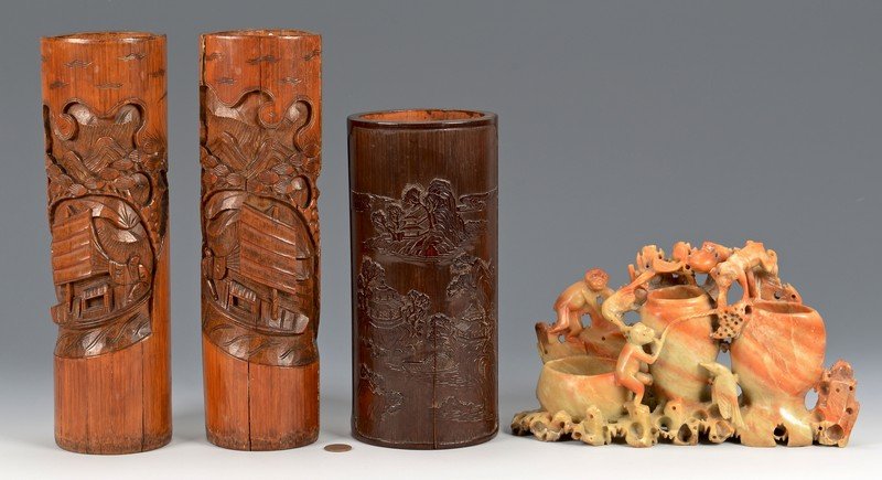 3 Brush Pots & Soapstone Vase (1 of 10)