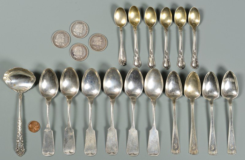 Group of Silver: 17 Flatware, 4 Coins (1 of 6)