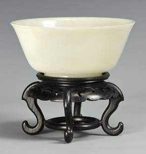 White Jade Bowl, Ch'ien Lung: Chinese White Jade Bowl, inverted bowl shaped form atop a short, slightly splayed foot ring. 6 5/8" diameter by 2 3/4" H. Qing Dynasty, Ch'ien Lung Period, mid to late 18th century. Provenance: The co