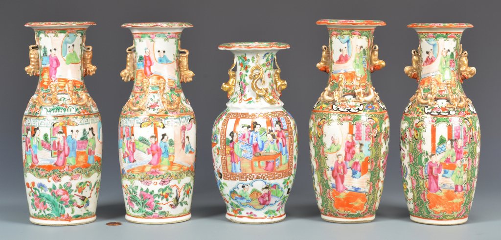 5 Rose Mandarin Garniture Vases: Group of 5 Rose Mandarin/Rose Medallion Garniture Vases, all decorated with reserves depicting flowers in the famille rose palette and scenes of various Chinese figures. 1st vase: Vase with scalloped 