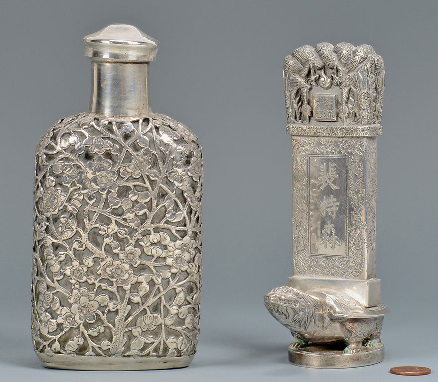 2 Chinese Export Silver Items, Flask & Miniature Bixi (1 of 10)
