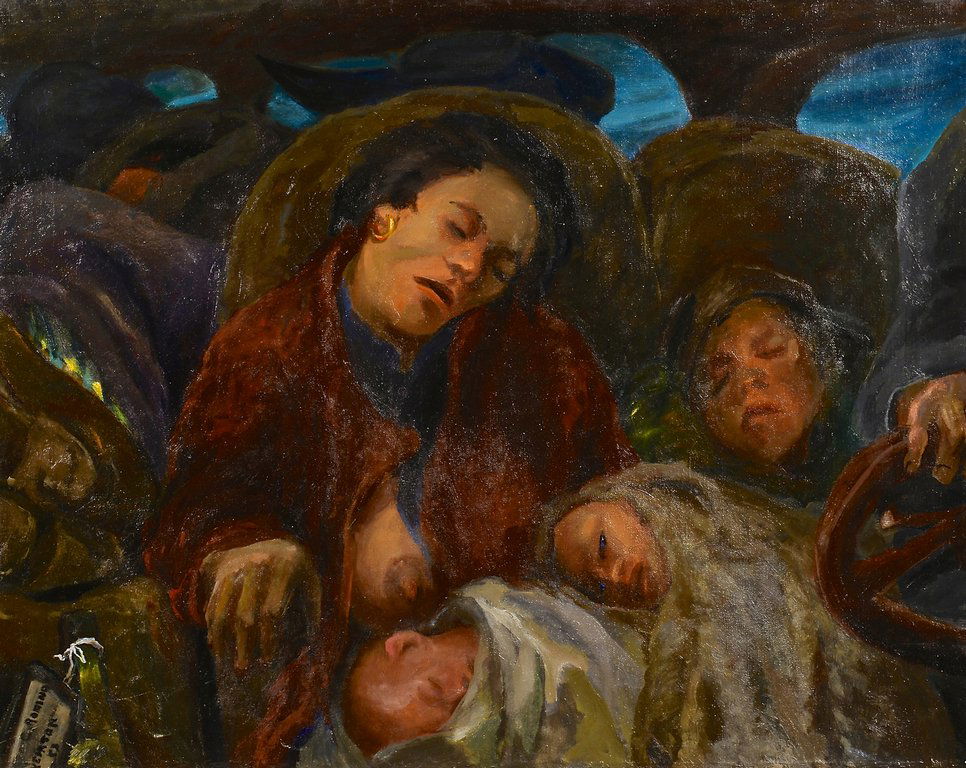 Sarah Blythe Beatty Oil on canvas titled "Steubenville: Sarah Downing Blythe Beatty (Pennsylvania, 1876-1943) oil on canvas titled STEUBENVILLE NIGHT BUS depicting a nursing and sleeping mother with her three sleeping children and other passengers on a bus