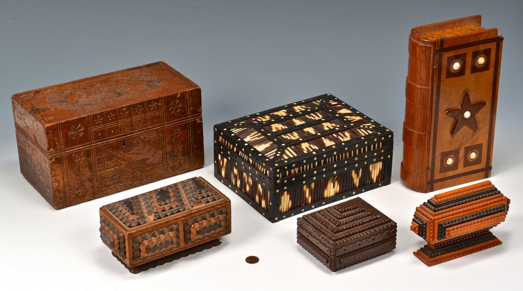 6 Folk Art Boxes, incl. Tramp Art: 1st - 3rd items: Grouping of 3 carved tramp art boxes, one two-color pedestal form, one square form, brown stain and bun feet and one larger two-color rectangular form with pedestal base. All with rem