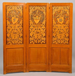 Panel Screen, J. W. Fosdick Pyrography: Three panel American screen with upper panels having heraldic and shield imagery encompassed by foliate surrounds, each panel signed lower right, J. W. Fosdick (James William Fosdick, MA, 1858 - 1937)