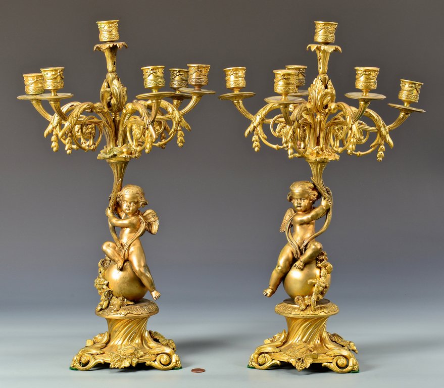 Pr Gilt Bronze Winged Cherub Candelabra on Rococo Base (1 of 10)