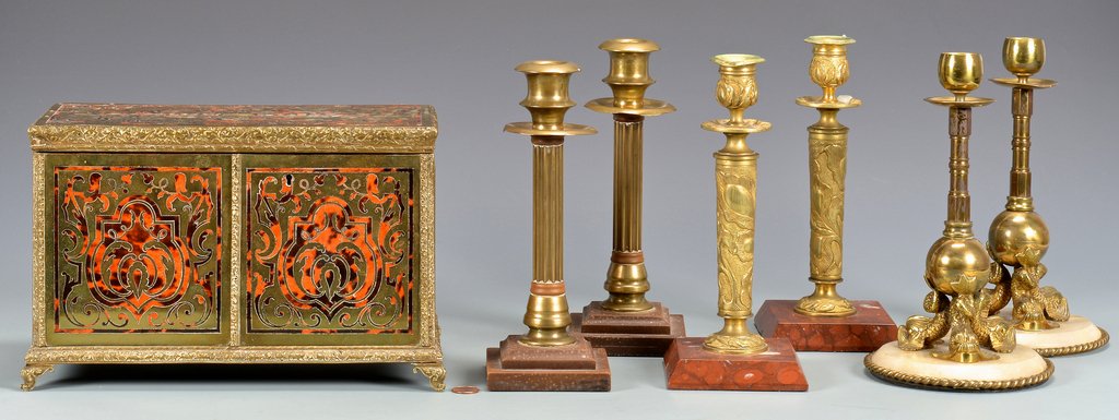 Boule & Brass Box w/ 3 pr Candlesticks (1 of 10)