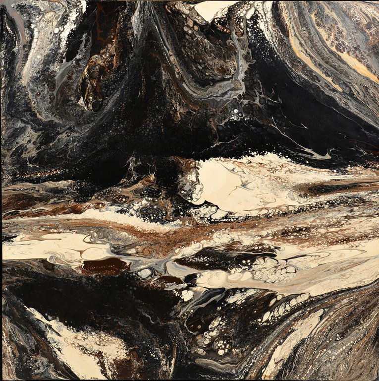 Richard Mann, abstract oil on board, shades of gray: Richard Mann (California, 20th century) oil on board abstract painting in shades of black, white and gray. Signed R Mann lower left. Floated in a contemporary frame with gold metallic face and wood gr