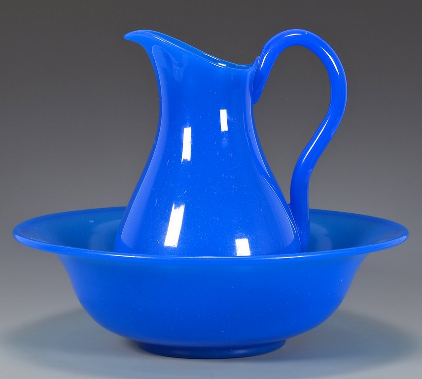 French Blue Opaline Glass Pitcher & Bowl (1 of 10)