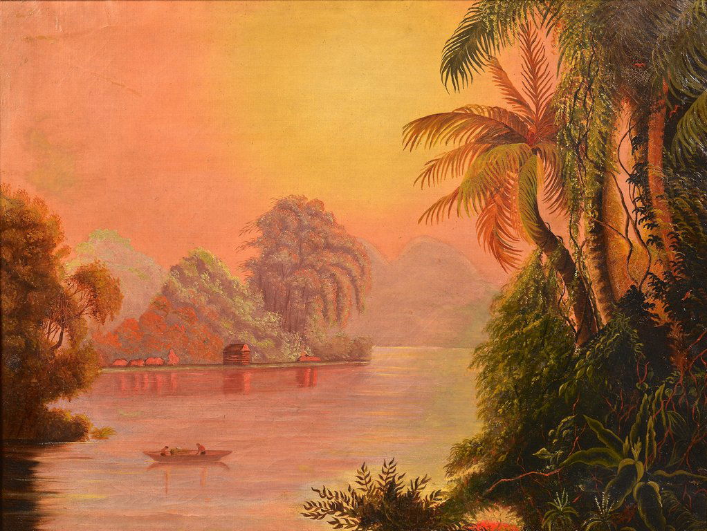 Manner of Norton Bush, tropical landscape: Oil on canvas tropical river landscape, manner of Norton Bush, depicting a boat with two figures and a grove of palm trees in the foreground, with a cabin and wooded area in the background, the sky ti