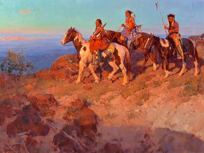 Jim Norton Oil on Canvas, Days Gone By: Jim C. Norton (American, b. 1953) oil on canvas Western painting, titled "Days Gone By," depicting three Native American Indians on horseback, overlooking a canyon as evening shadows approach. Signed