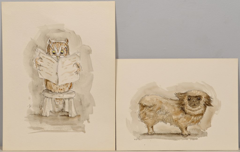 Two Werner Wildner Watercolors, dog and owl (1 of 8)