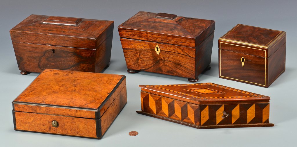 5 wooden Boxes, incl. 3 Tea Caddies (1 of 10)