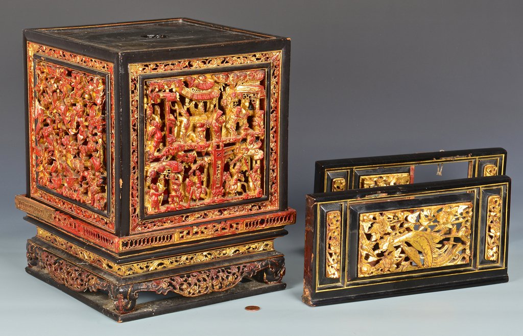 Chinese Lacquer Carved Gilt Altar Box & 2 Carved D (1 of 10)