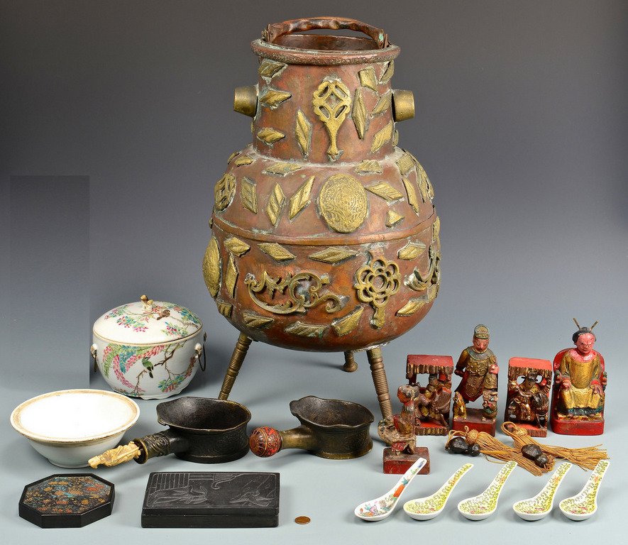 Assorted Small Chinese & Asian Items: 1st and 2nd items: 2 bronze silk irons, each decorated with raised letter symbols and geometric designs, one with figural bone handle ornament, 9 3/4" L, the other with painted wood knob ornament, 7 3