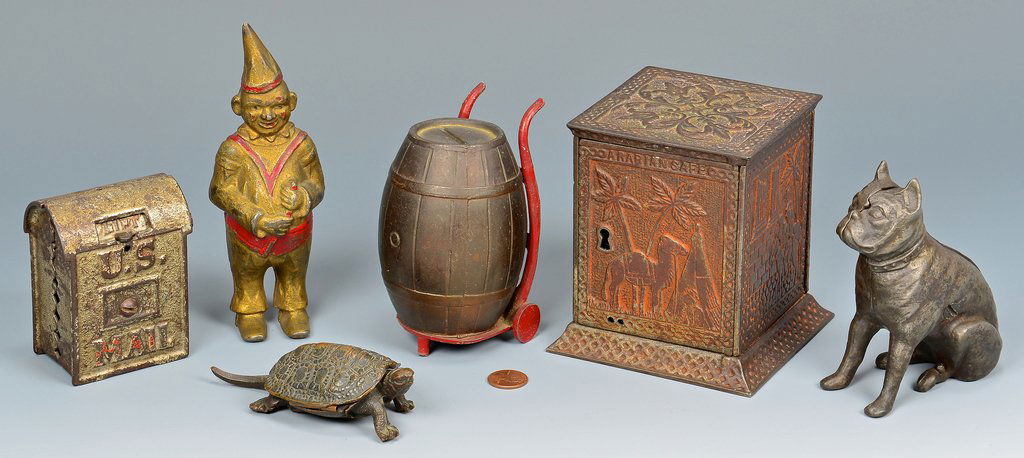 5 Figural Cast Iron Banks & Bronze Turtle Match Safe (1 of 8)