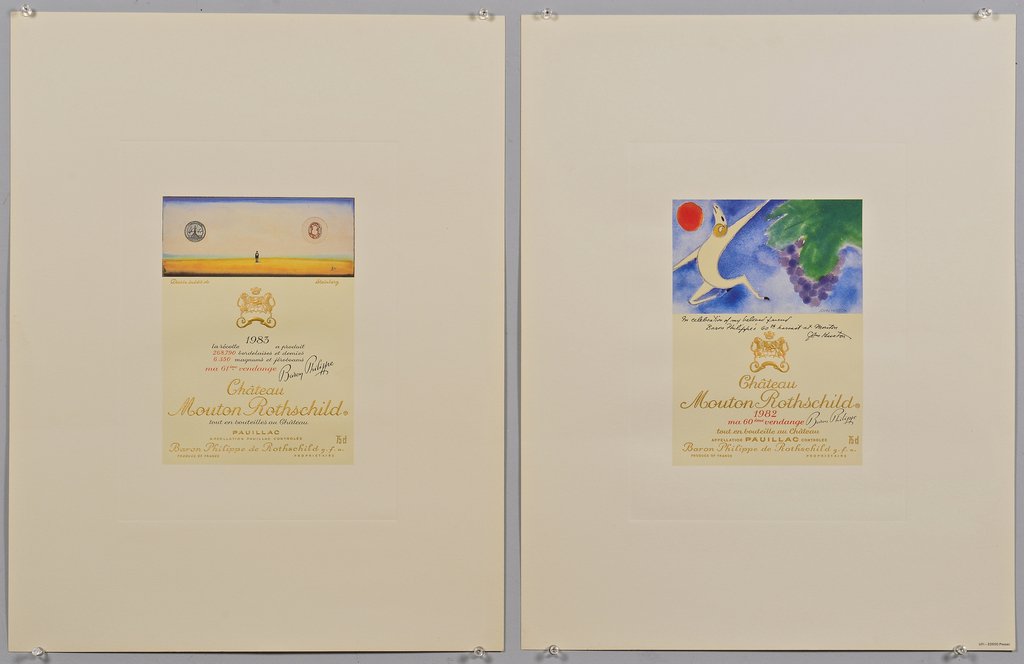 2 Chateau Mouton Rothschild/Baron Philippe Wine Label: 1st item: 1982 Chateau Mouton Rothschild/Baron Philippe wine label lithograph, designed by John Huston and signed in the plate "In celebration of my beloved friend Baron Philippe's 60th harvest at Mou