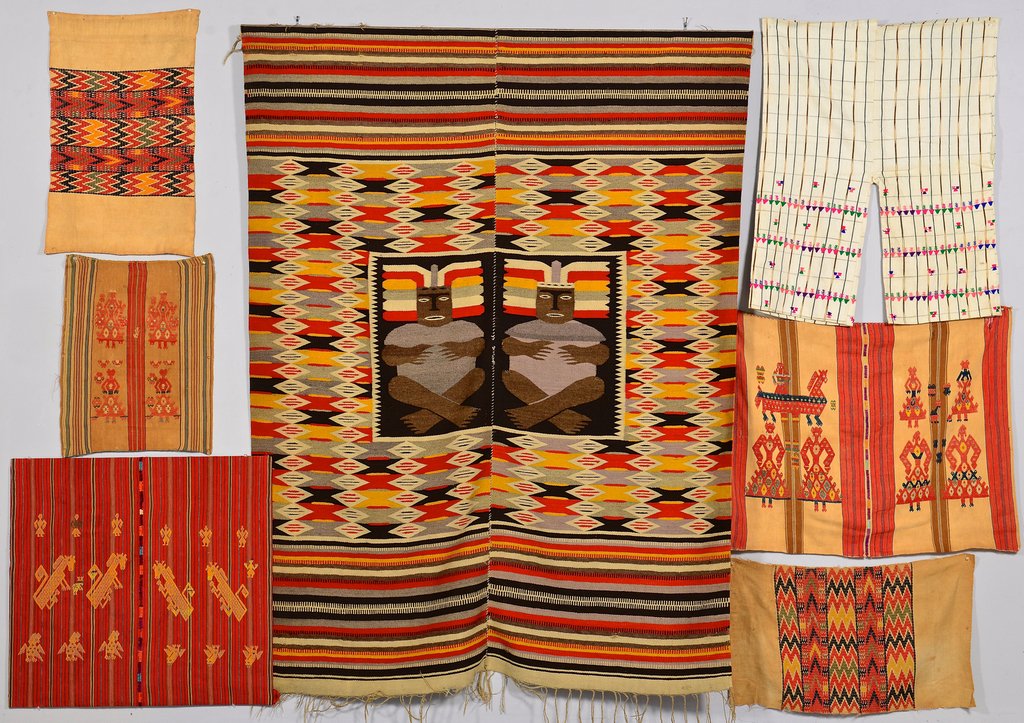 6 items Guatemalan Textiles, e. 20th c.: 1st item: Rare Guatemalan ceremonial Tzute, cotton and silk on cotton panels. Yellow geometric figures of people, horses, and birds against multicolor vertical bands, sewn together in the middle with