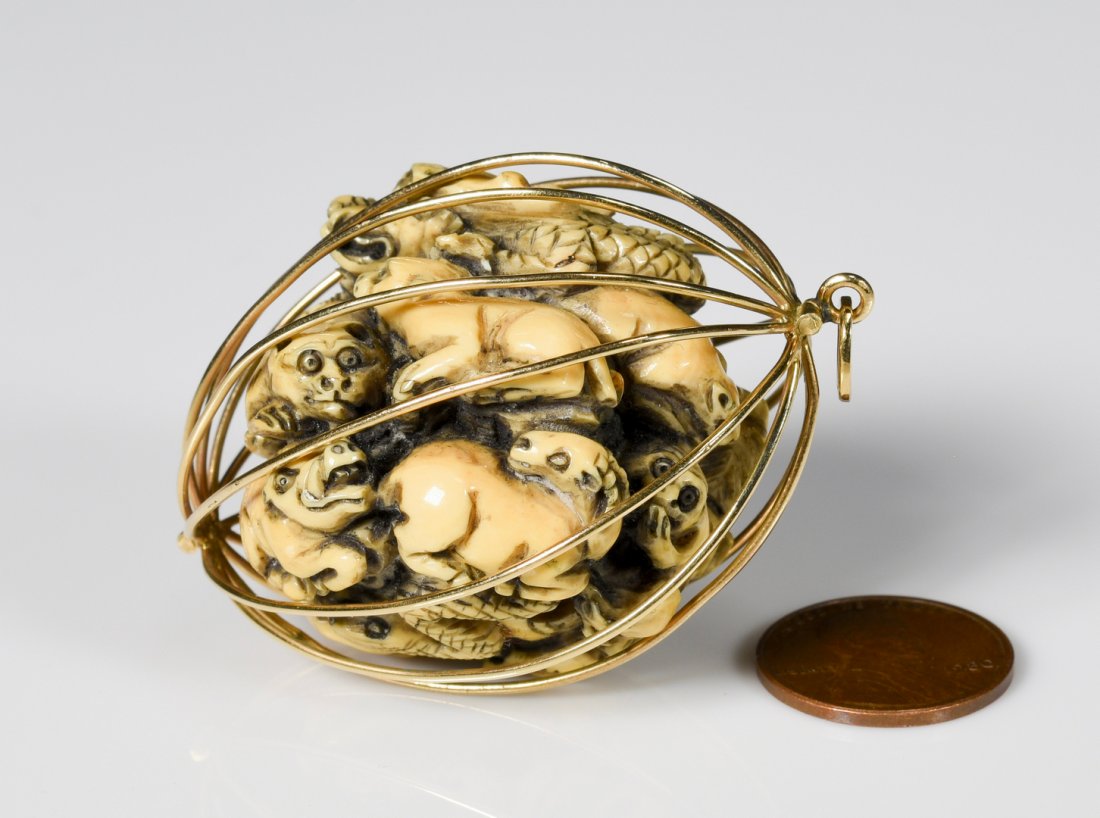 Carved Zodiac Netsuke, 14K cage pendant (1 of 9)