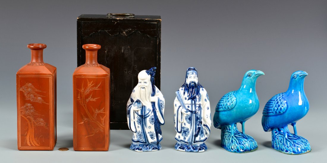 6 Chinese Porcelain Items, incl. figurals: 6 Chinese Porcelain Items, incl. figural. 1st & 2nd items: Pair of Chinese porcelain figures depicting standing Immortals, one holding a scroll, the other holding a peach and dragon head staff. Bases