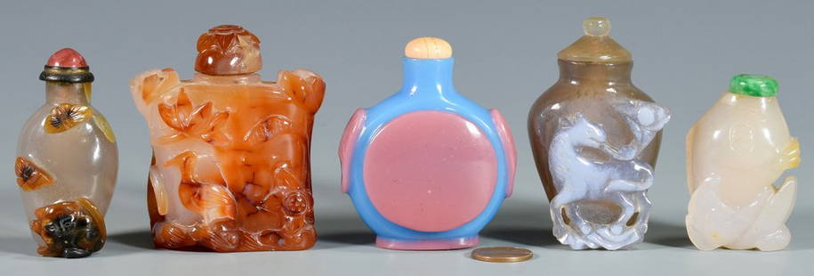 5 Chinese Snuff Bottles inc. White Jade: Five (5) Chinese carved snuff bottles, including hardstone and white jade. 1st item: Hardstone, likely cameo agate, snuff bottle having deep relief carved decoration including a cat and two