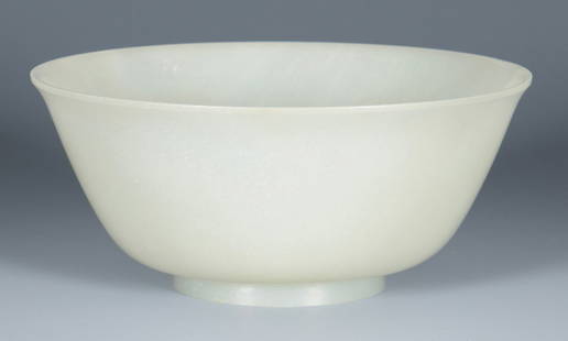 Qianlong White Jade Bowl, 6 3/4" diam.: Chinese White Jade Bowl, inverted bell-shaped form atop a short, slightly splayed foot ring. 6 3/4" diameter by 2-15/16" H (170 mm diameter x 73 mm H). Qing Dynasty, Ch'ien Lung Period, mid to late