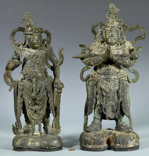 Pair Chinese Bronze Warrior Gods: Pair of Chinese Ming style Buddhist bronze figures depicting the warrior god guardians Veda Skanda and WeiTuo Skanda. Each depicted standing in a standing posture, the WeiTuo figure with sword and rai