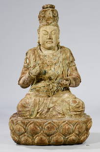 Large Carved Quan Yin Figure, 41"H: Large Chinese carved polychrome wooden Quan Yin or Guanyin temple figure, with hands in the vitarka mudra teaching position and legs in full lotus position, atop a lotus base. Scattered remnants of