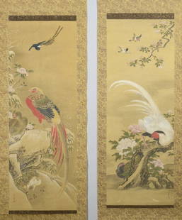 Pair Japanese Kano Scrolls from 4 Seasons: Pair of Japanese Kano School Scrolls depicting "Birds and Flowers of the Four Seasons". 1st item: Watercolor on silk painting depicting a Chinese Golden Pheasant in center of a landscape, surrounded