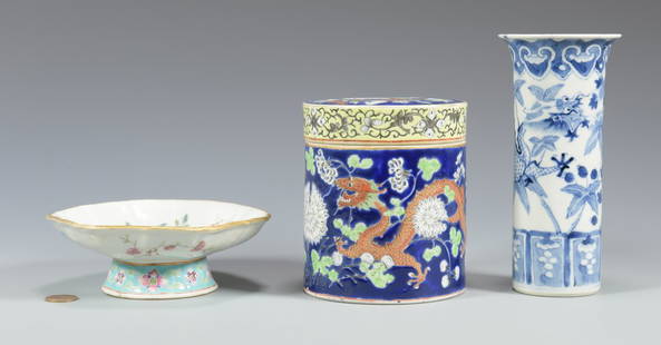 3 Chinese Porcelain Items: 1st item: Chinese Famille Verte covered round porcelain jar, cobalt ground with dragon, chrysanthemum and foliate decoration. 4 3/4" H. 20th century. 2nd item: Chinese blue and white cylinder form