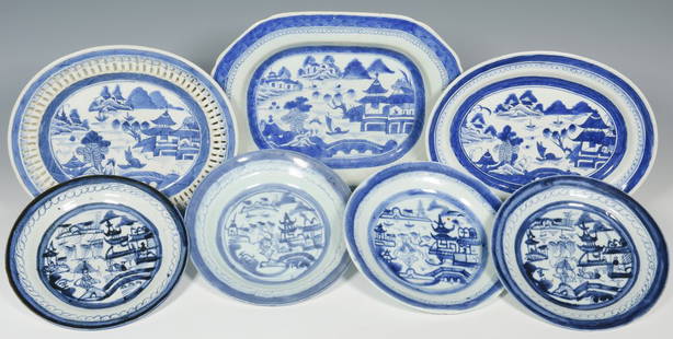 7 Chinese Blue & White Export Canton Pcs.: Group of seven (7) pieces Chinese Export blue and white Canton porcelain including a platter with canted corners (10 3/8 " x 13 1/2"), oval platter with reticulated rim (9 3/4" x 11 1/4"), oval platte