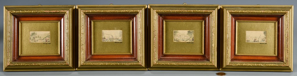 Set of 4 Baxter Miniature Watercolors: Set of 4 19th century miniature watercolors attributed to George Baxter (United Kingdom, 1804 - 1867) each depicting four European scenes, signed and dated lower right of matte "Baxter 1850" and title