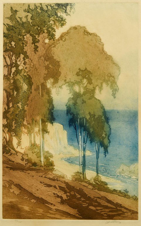 John W. Cotton Color Aquatint: John Wesley Cotton (1869-1931) color aquatint titled "The Laguna Coast". Pencil signed lower right and numbered 66/75. Impression size: 14 7/8" H x 9 1/8" W. Sight - 15 3/4" H x 10 1/4" W. Framed - 23