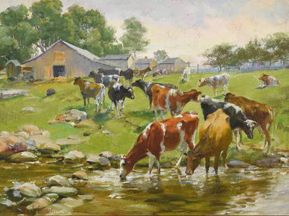 Charles Corwin Oil on Board Farm Scene: Charles Abel Corwin (NY/CA/IL, 1858-1938) oil on board pastoral scene depicting cows drinking from a stream with a farm in the background. Location: Beekmantown, New York. Signed lower left. Housed in