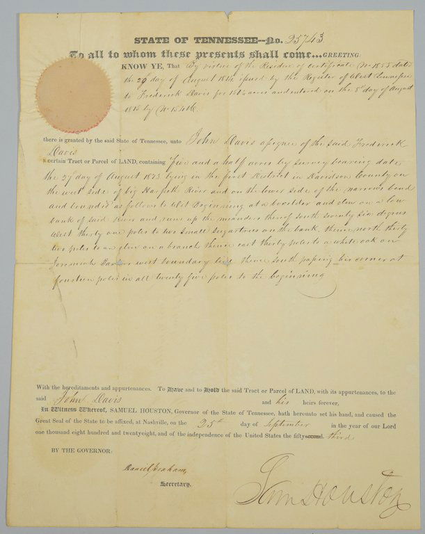 Sam Houston Signed Land Grant, John Davis related: Sam Houston signed land document, granting John Davis, assignee of Frederick Davis (father of John Davis), five and a half acres in the first district of Davidson County, "on the west side of the Big