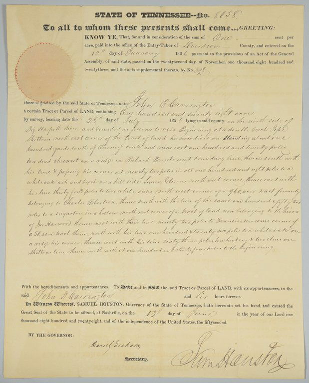 Sam Houston Signed Land Grant, Carrington (1 of 5)