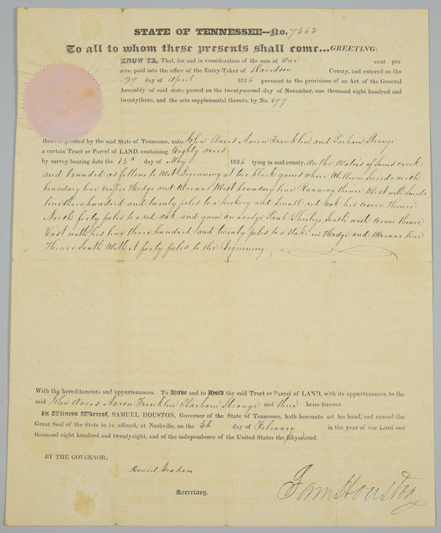 Sam Houston Signed Land Grant to 3 men: Sam Houston signed land document, granting John Davis, Aaron Franklin, and Parham Strange "80 acres on the waters of Sams Creek...." dated Feb. 5, 1828. 15 1/2" x 12 1/2". Note: Sam Houston's term as