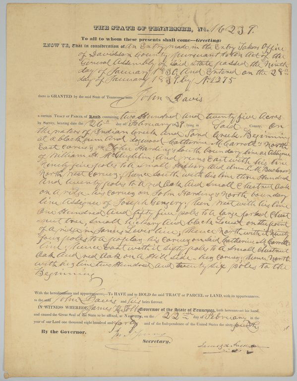 Gov. James K. Polk Signed Land Grant, Feb. 1840: James K. Polk signed land document, as Tennessee Governor, granting 225 acres in Davidson County to John Davis. Mentions property of John Harding as a boundary line. Dated February 22, 1840. 15 1/2" x