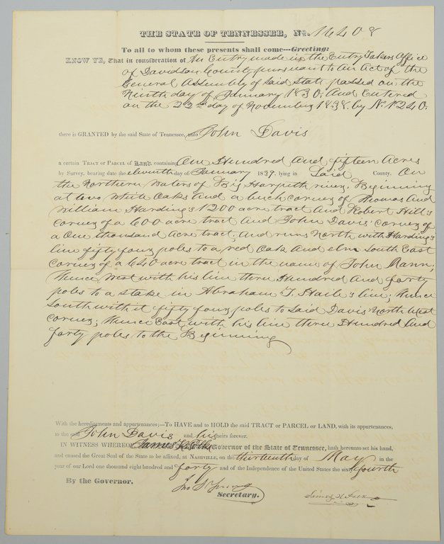 Gov. James K. Polk Signed Land Grant, May 1840 (1 of 4)
